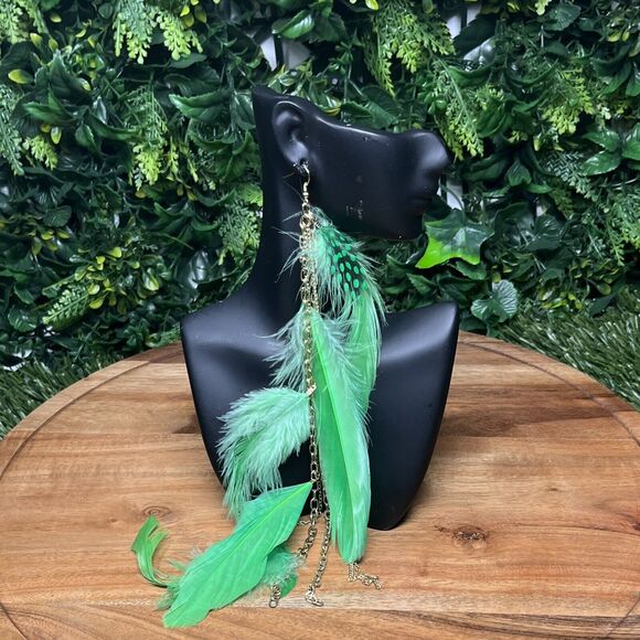Earrings Women Gold Tone Green Feather‎ Earrings Dangle Drop 10 Inches 2126 - Picture 1 of 5